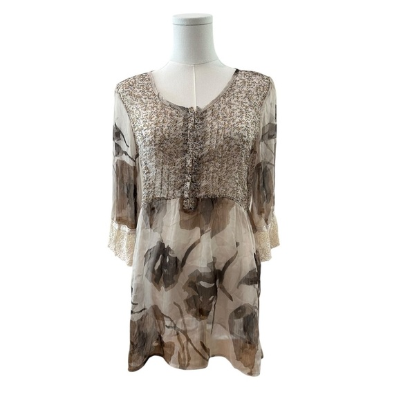 BKE Boutique Womens Small Sheer Floral Natural Earthy Tones Bohemian Flowy Tunic - Picture 1 of 5